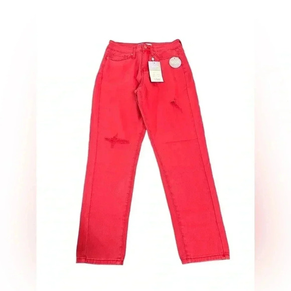 YMI Dream High Rise Mom Fit Ripped Distressed Red Jeans Juniors size 7 New - Picture 1 of 10